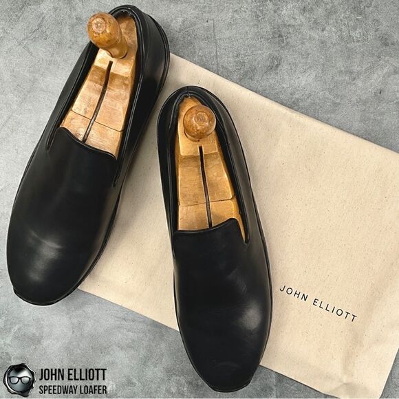 JOHN ELLIOTT SPEEDWAY LEATHER LOAFERS IN BLACK BUFFED CALFSKIN MEN’S LUXURY SHOE - Picture 2 of 16